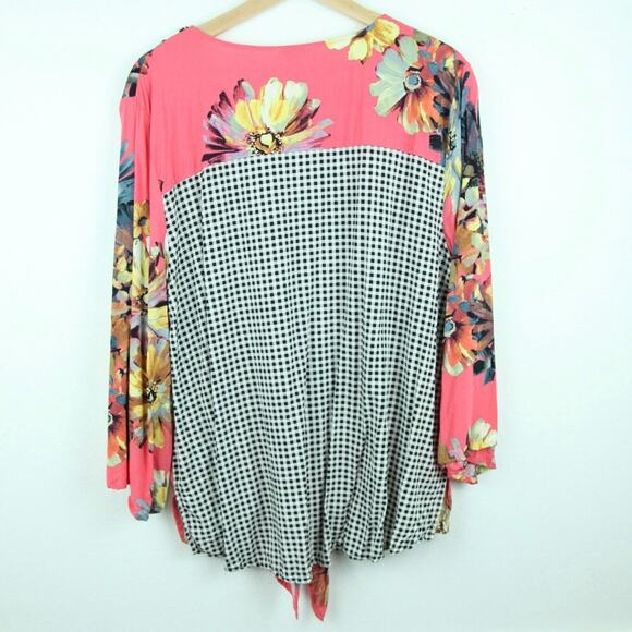 Spense Women's XL Blouse Popover Top Floral Multi Gingham Boho Relaxed Tie Front - Picture 6 of 6